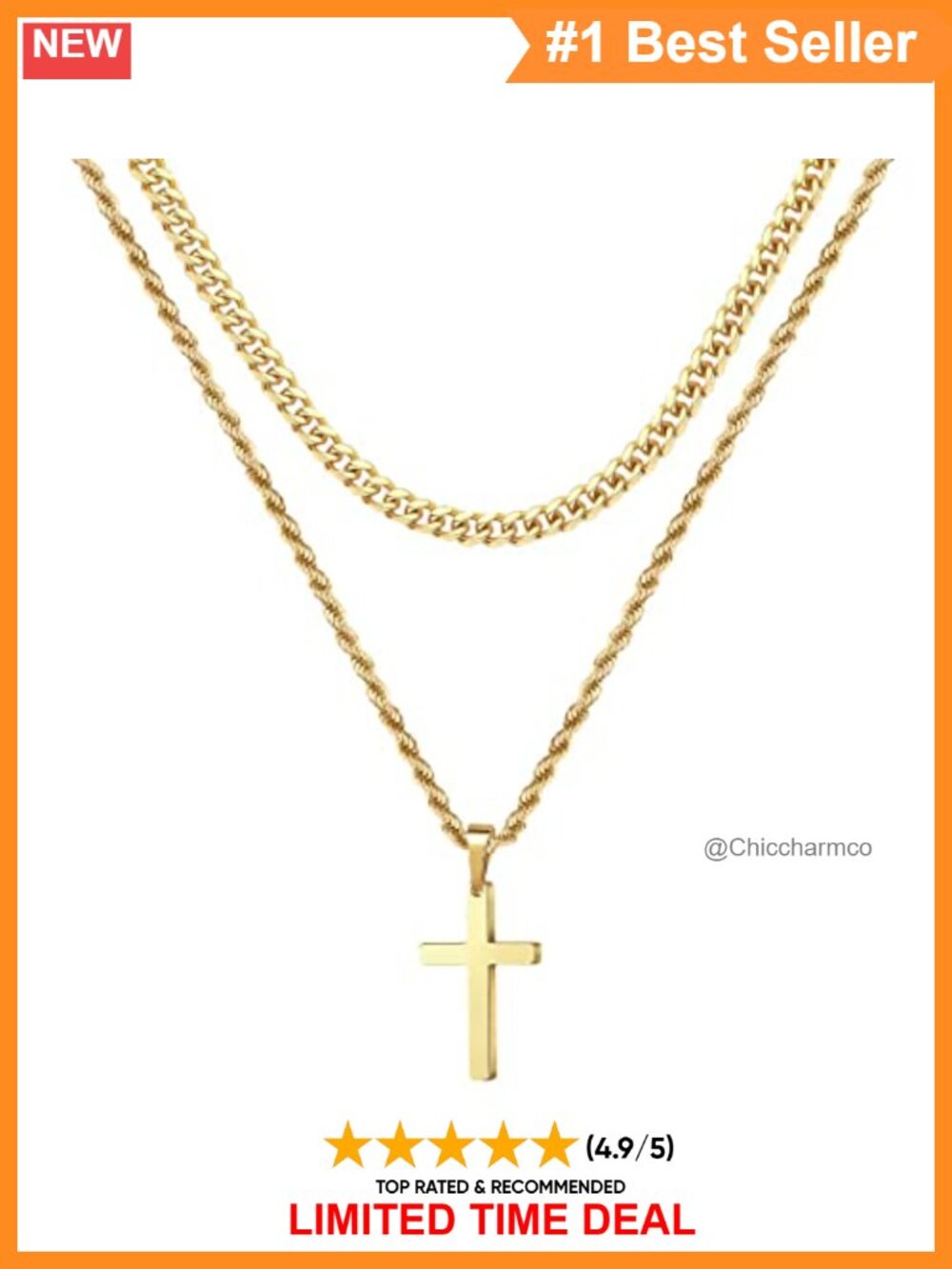 18K Gold Plated Layered Cross Necklace Stainless Steel Men's Gift